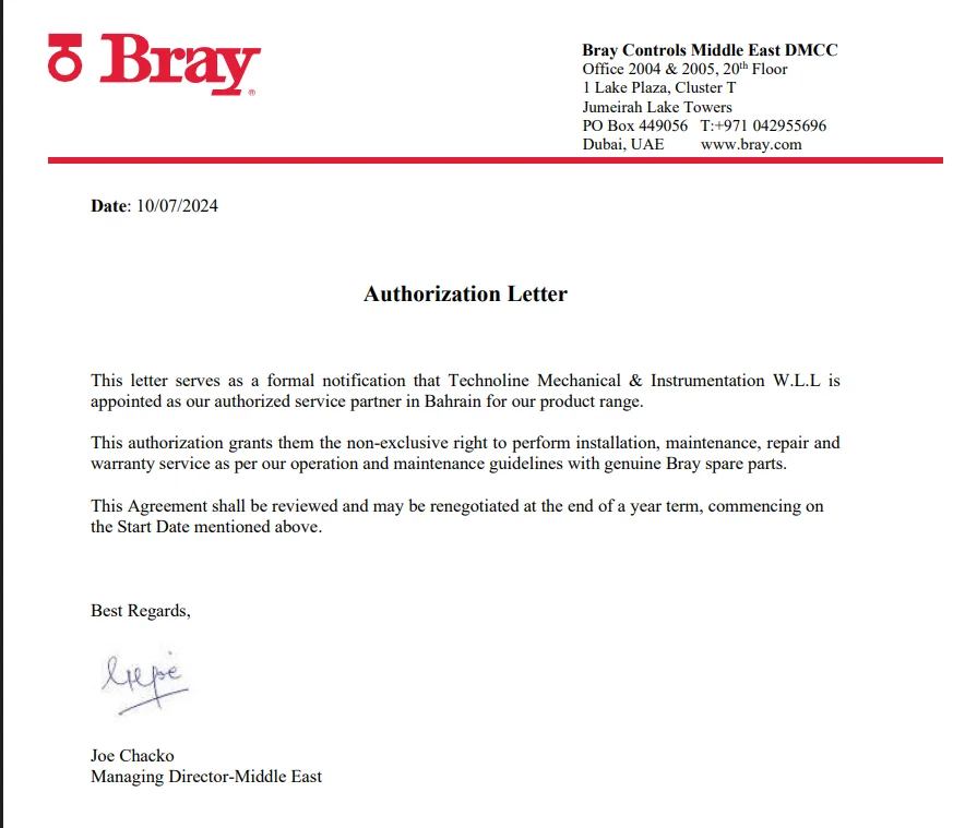Bray Controls Middle East authorization letter appointing TMI as authorized service partner in Bahrain, dated 10 July 2024