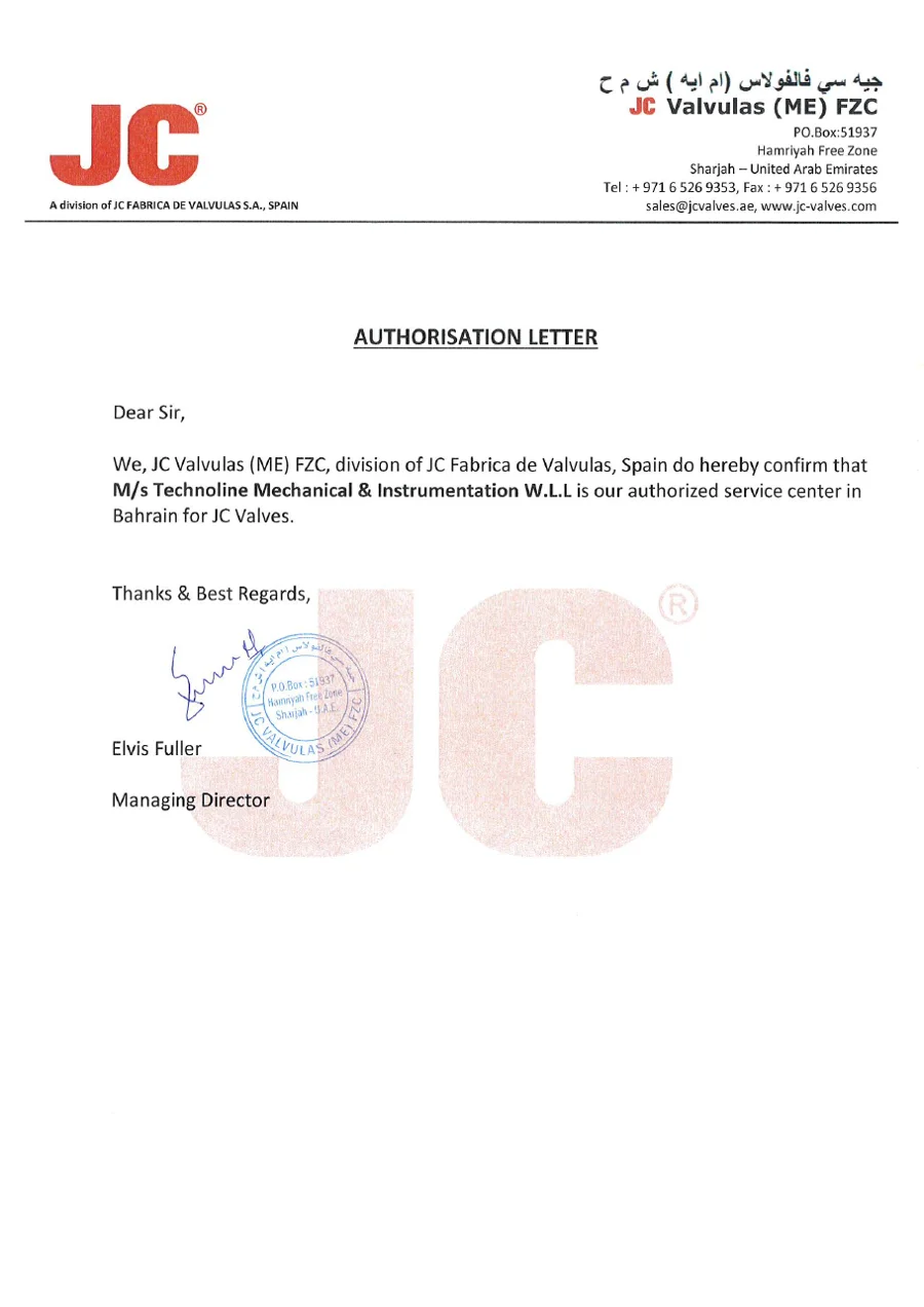 Authorisation letter from JC Valvulas (ME) FZC confirming TMI as authorised service center in Bahrain for JC Valves
