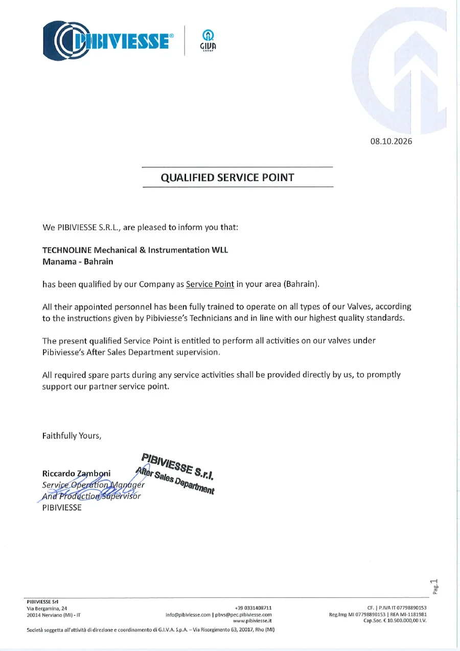 Pibiviesse Qualified Service Point letter for TMI, Bahrain, dated 8 October 2026