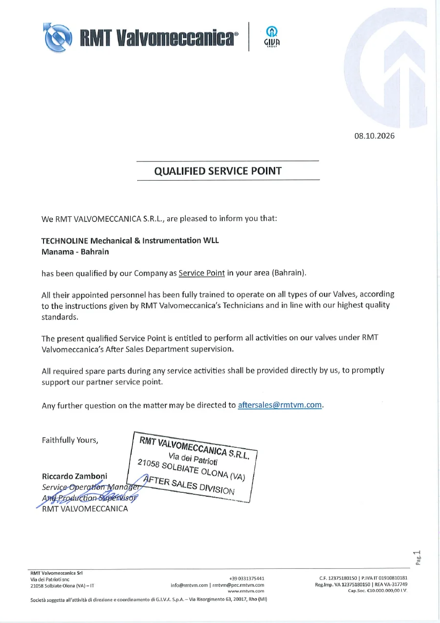 RMT Valvomeccanica Qualified Service Point letter for TMI, Bahrain, dated 8 October 2026