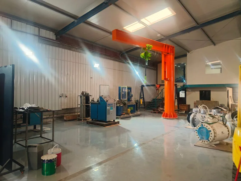 Safety valve test area with PSV test stations, a jib crane and ball valves awaiting work