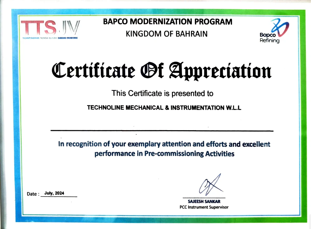 Certificate of Appreciation from TTSJV, BAPCO Modernization Program, July 2024