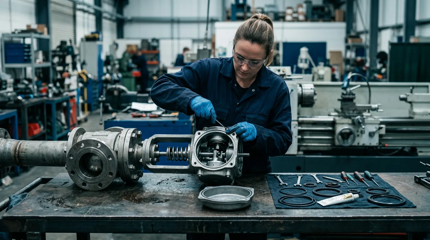 Technician refurbishing a pneumatic actuator mounted on a ball valve
