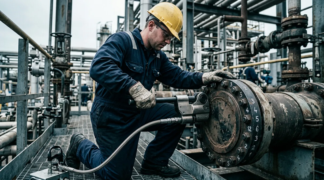 Technician using a hydraulic torque wrench on a large flanged pipe joint