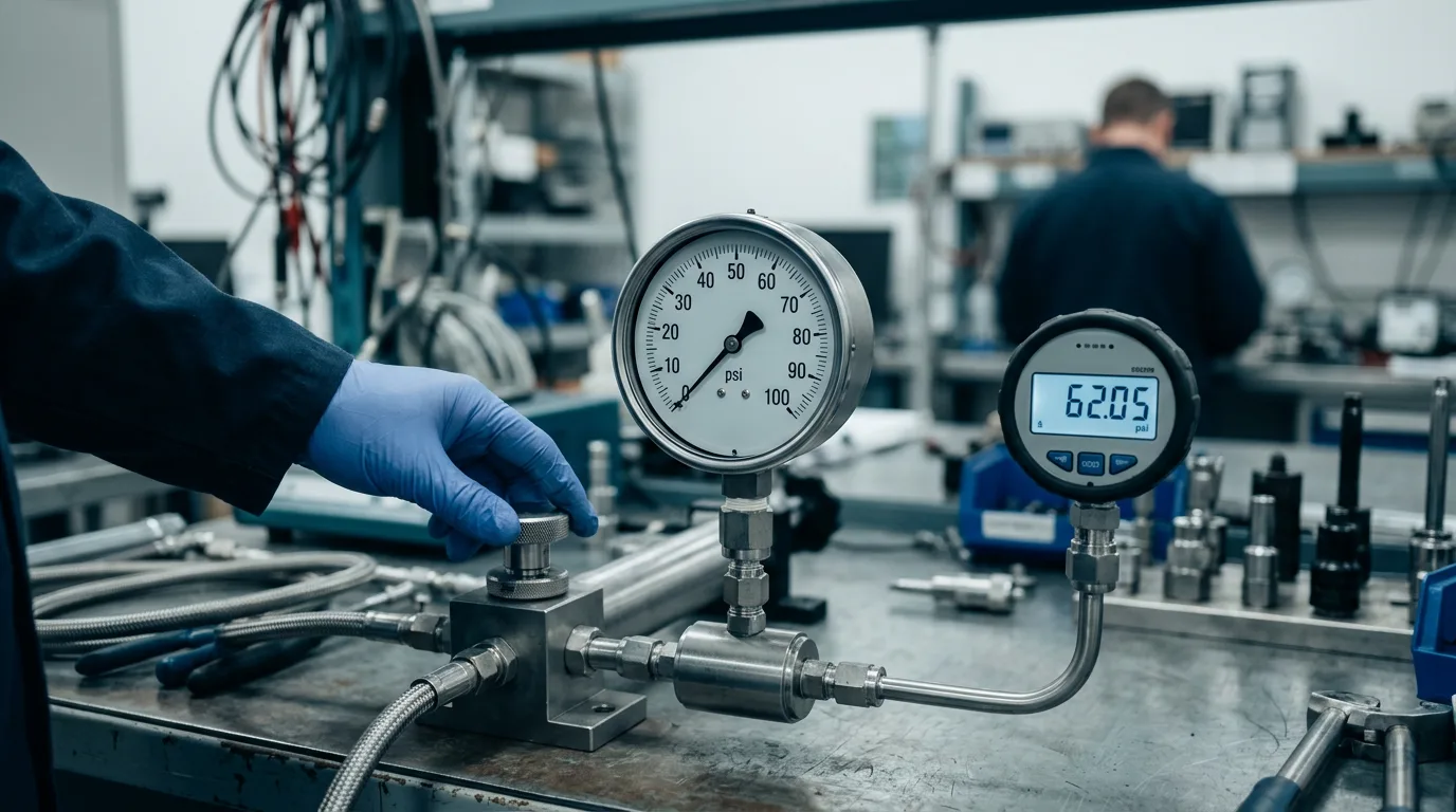 Pressure gauge connected to a calibration rig beside a reference gauge