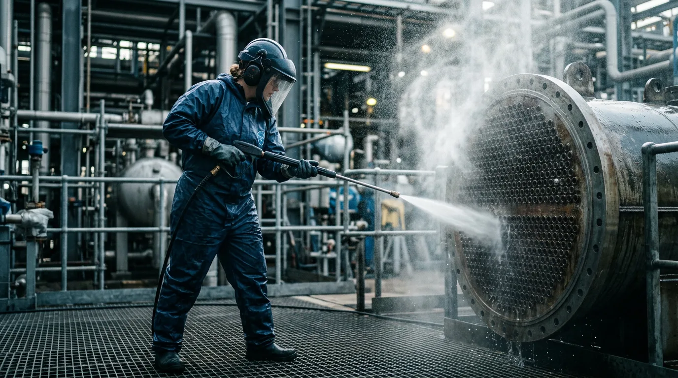 Worker in protective gear water-jetting a heat exchanger tube bundle