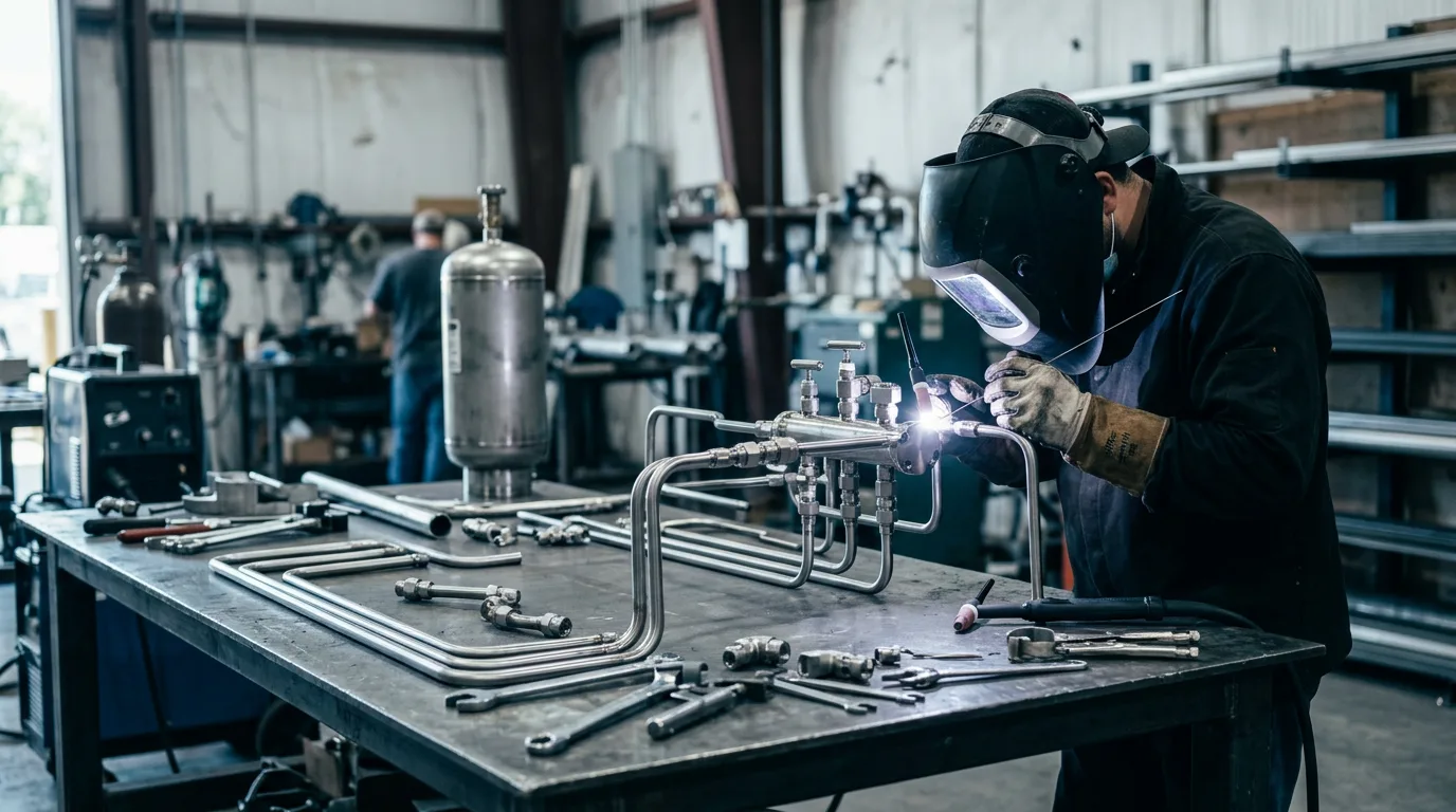 Welder fabricating stainless steel instrument tubing and a manifold