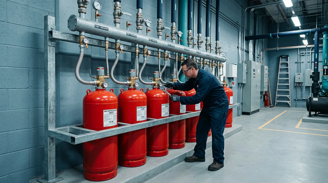 Row of fire suppression agent cylinders on a manifold, with a technician checking a valve