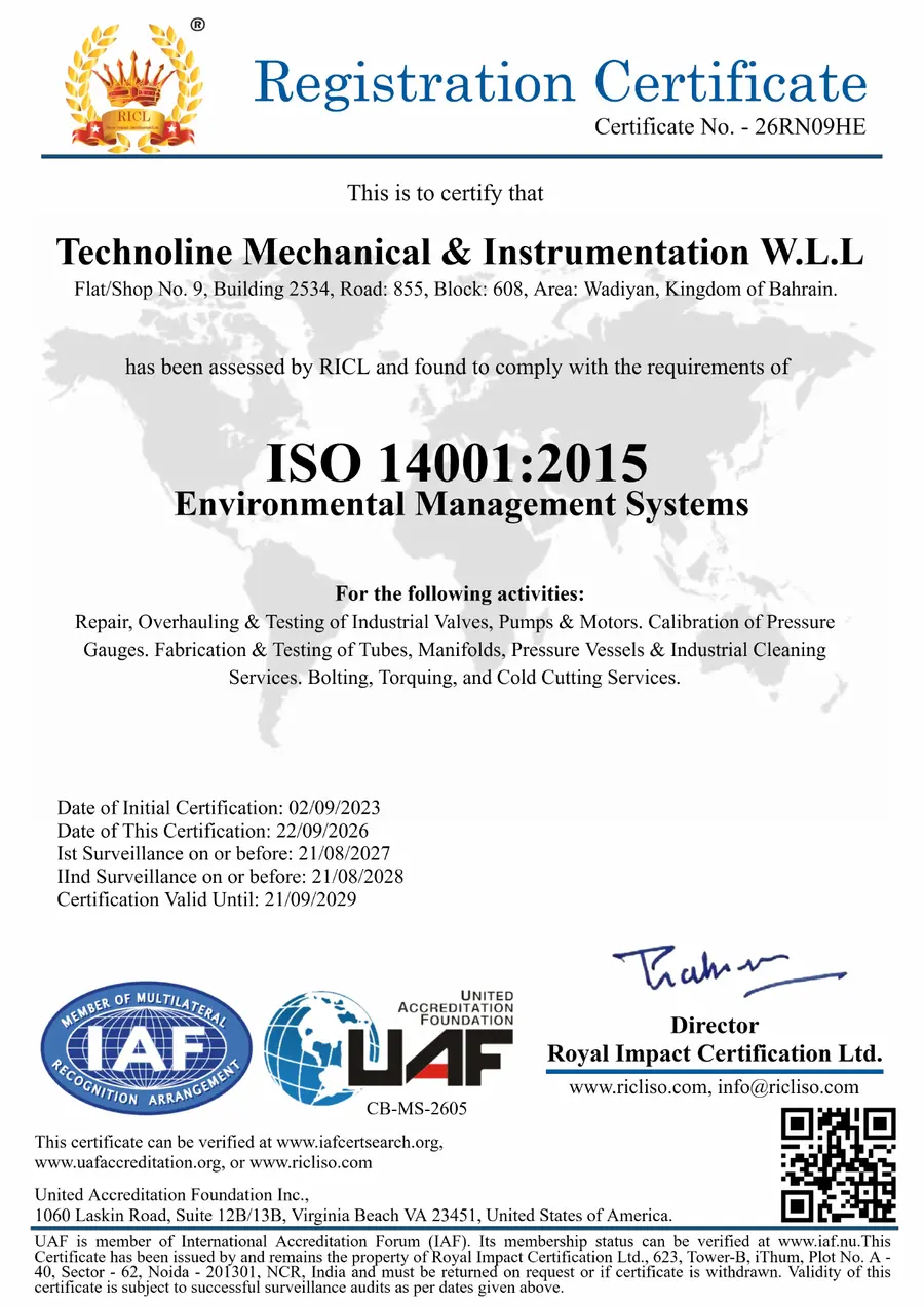 ISO 14001:2015 registration certificate 26RN09HE issued to Technoline Mechanical & Instrumentation W.L.L by Royal Impact Certification Ltd