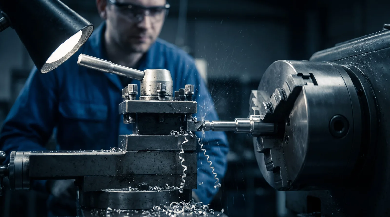 Lathe turning a stainless steel valve stem, with metal chips coming off the cutting tool