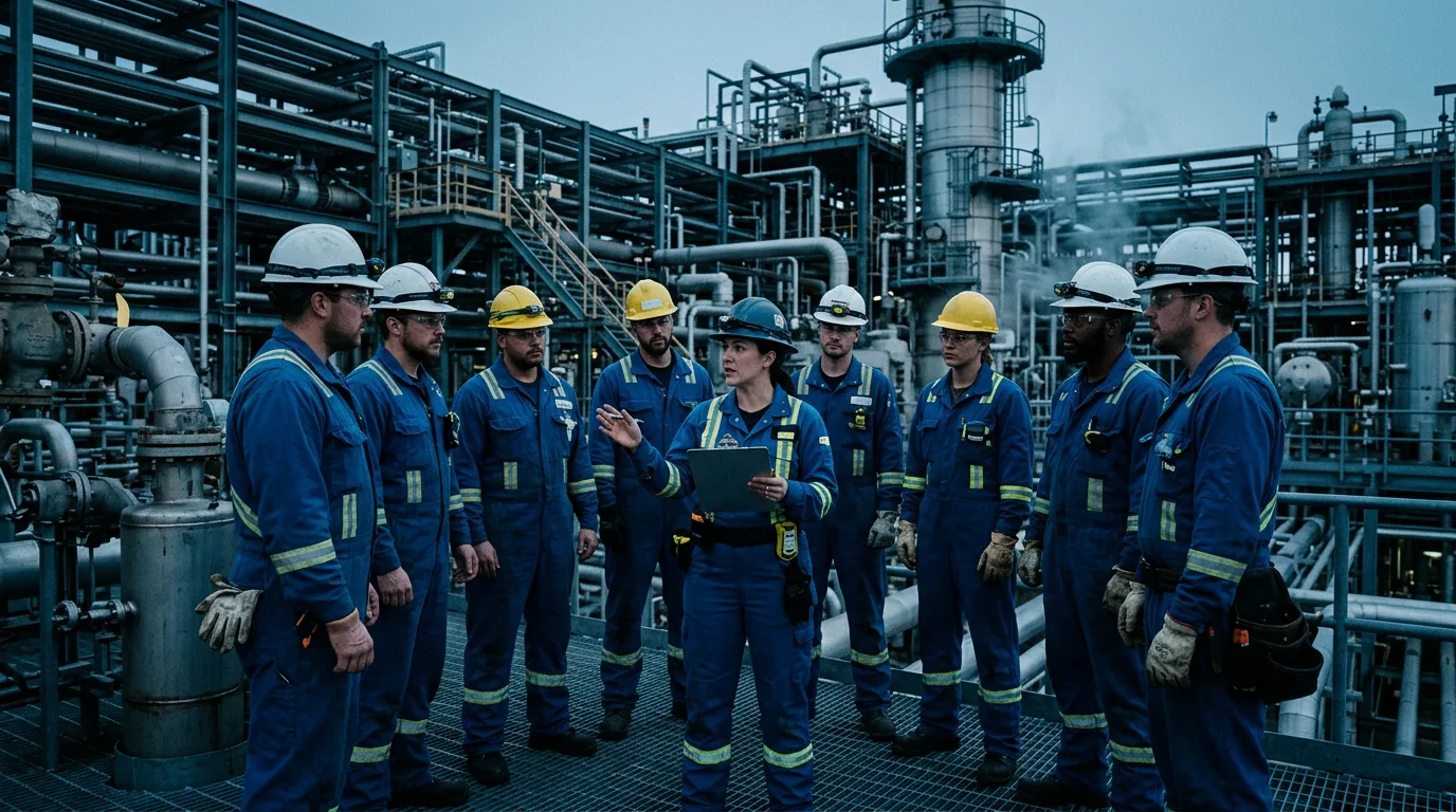 Supervisor briefing a shutdown maintenance crew in front of pipe racks