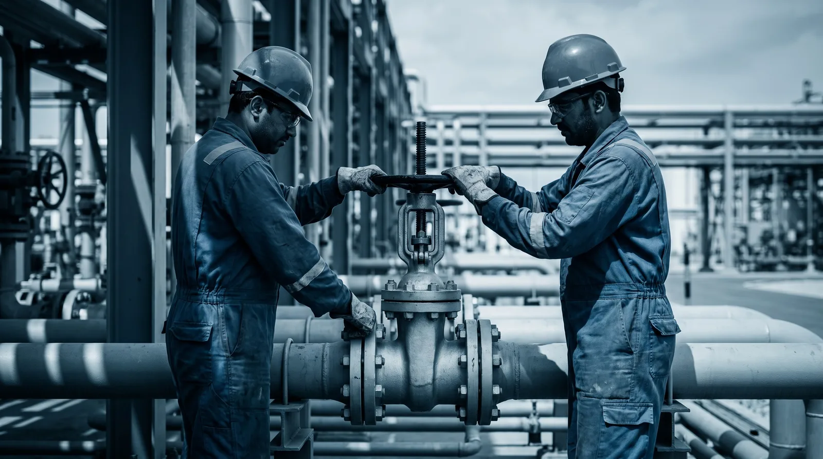 Technicians in safety gear servicing a large flanged valve on a plant pipe rack during a shutdown