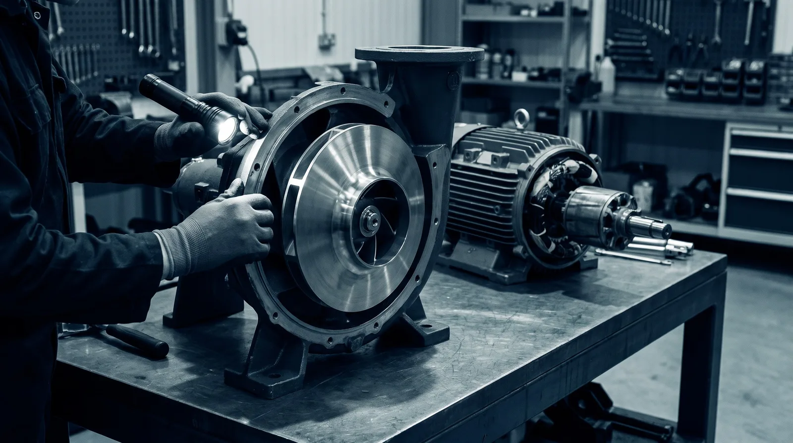 Centrifugal pump opened on a workbench with its impeller exposed, beside a motor under overhaul