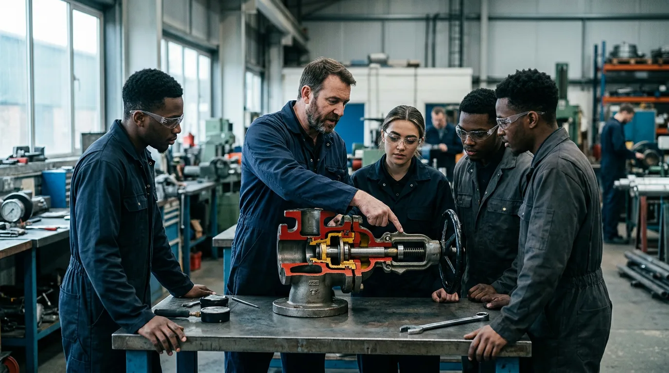 Instructor explaining a cutaway industrial valve to a group of trainees