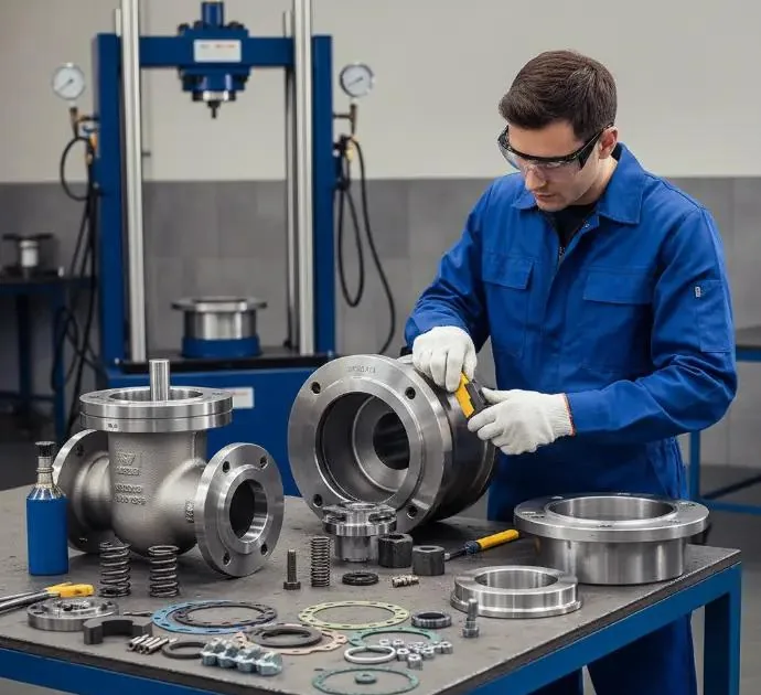 Technician measuring a dismantled valve body on the workbench, with seals, springs and fasteners laid out
