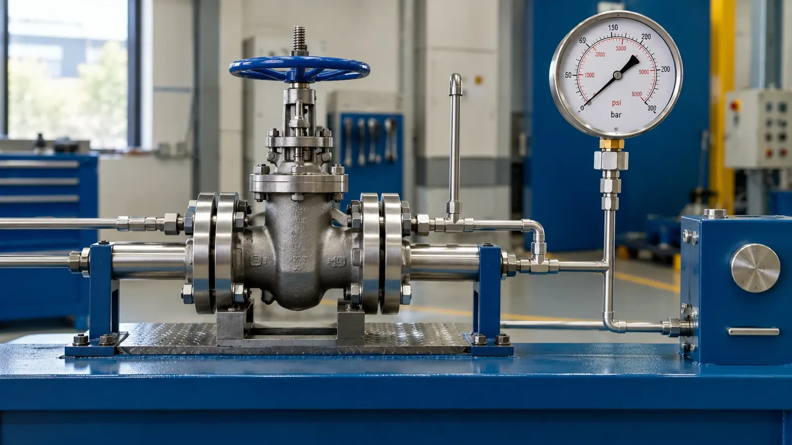 Flanged gate valve clamped on a pressure test bench, with the test gauge connected