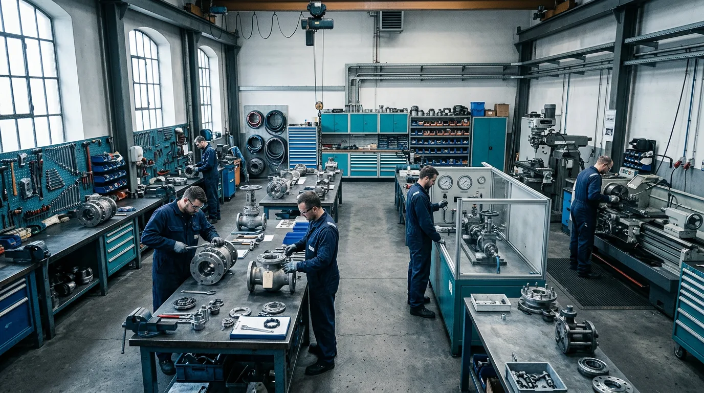 Valve repair workshop with technicians at workbenches